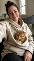 The Nest Hoodie in oatmeal with an orange cat resting in the front pouch